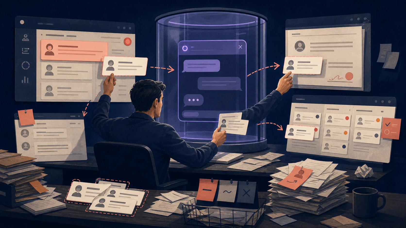 A worker copies information between business systems and AI trapped in chat.