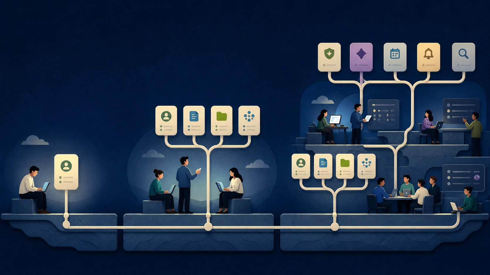 A company grows from one founder to a complex organization on one foundation.