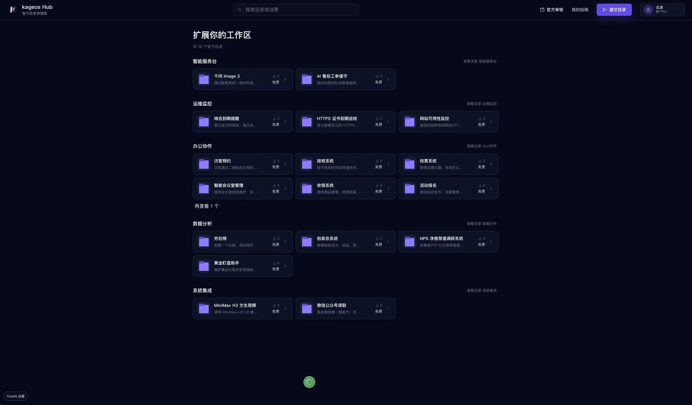 Kageos Hub business scenario catalog.